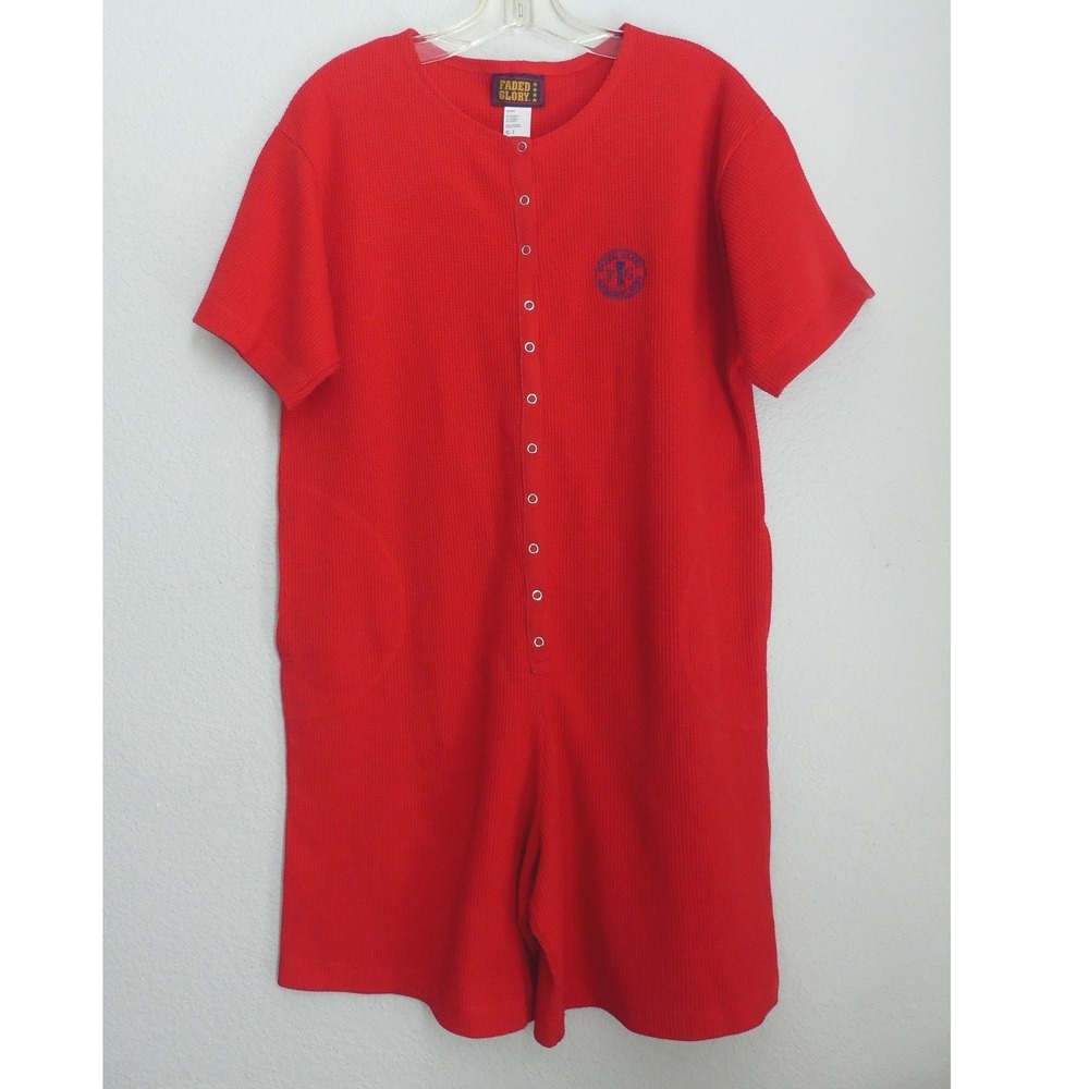 Vintage Faded Glory Womens Red Waffle Knit Thermal Snap Front Romper Size M RARE